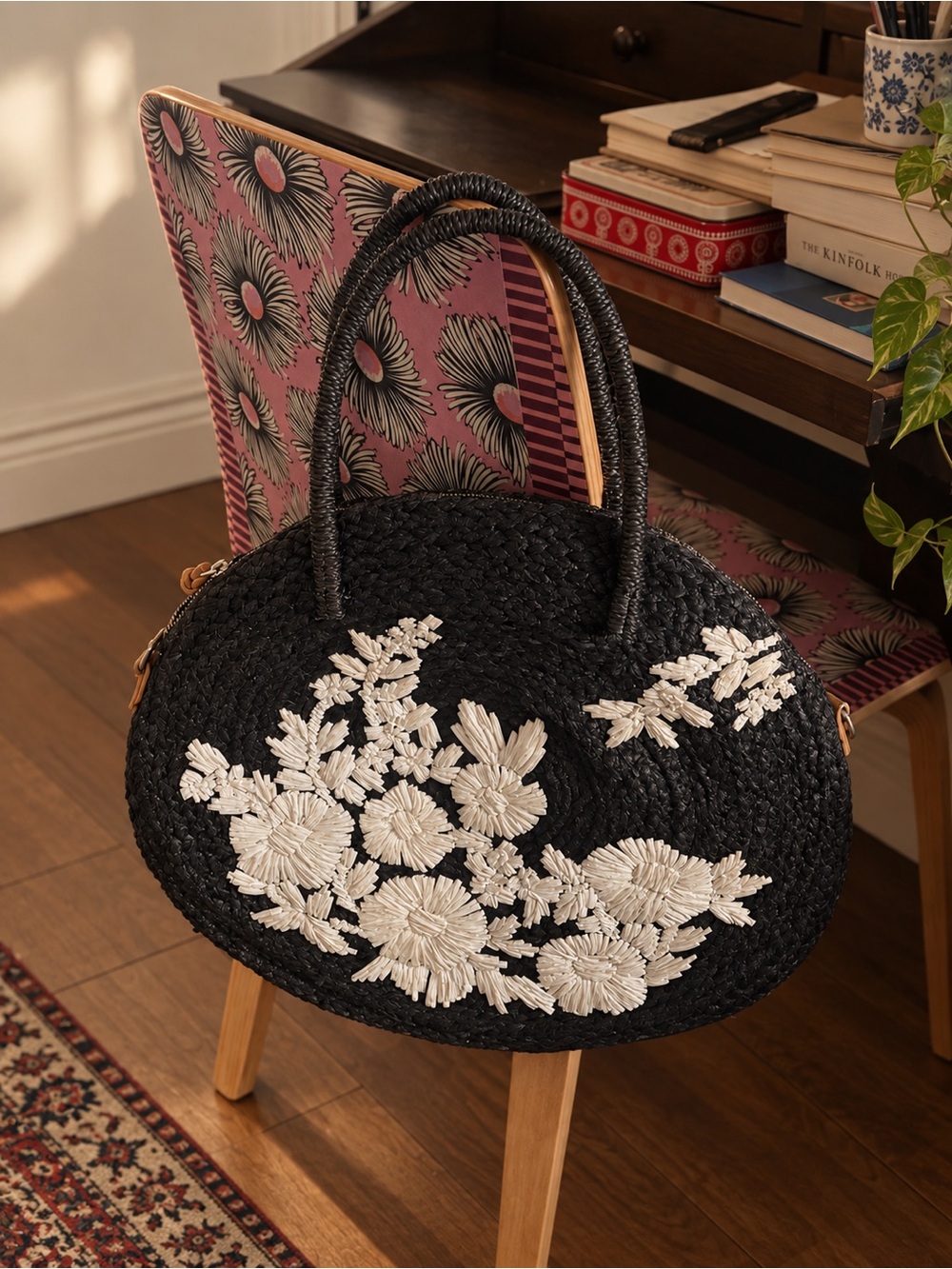 Anthropologie Black Woven Tote with White Floral Appliqué